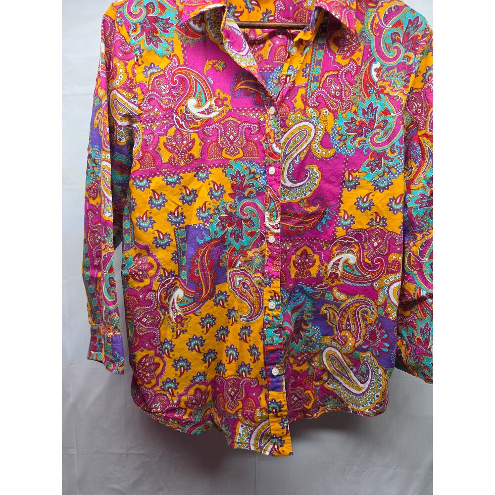 Lauren Ralph Lauren 100% Cotton Paisley Shirt L Bright Pink Orange Boho Coastal - Picture 3 of 9